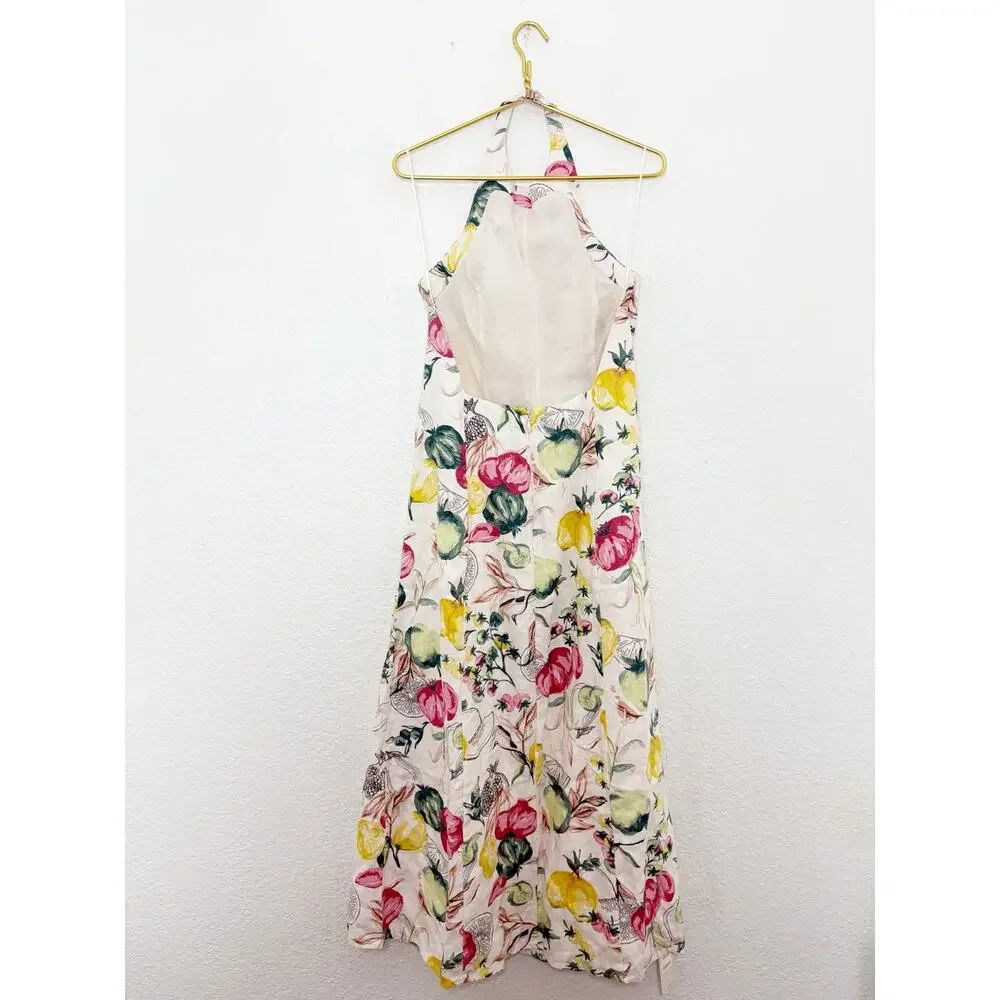 Abercrombie & Fitch Premium Linen High Neck Maxi Dress Size LP Vegetable Print
